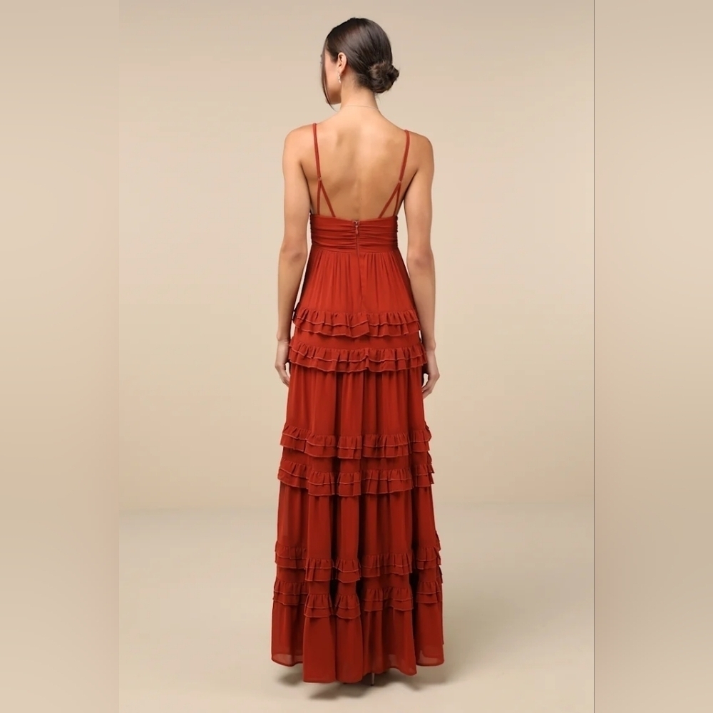 Lulus Lavish Perfection Rust Orange Ruffled Tiered Maxi Dress L Wedding Party - Picture 5 of 8